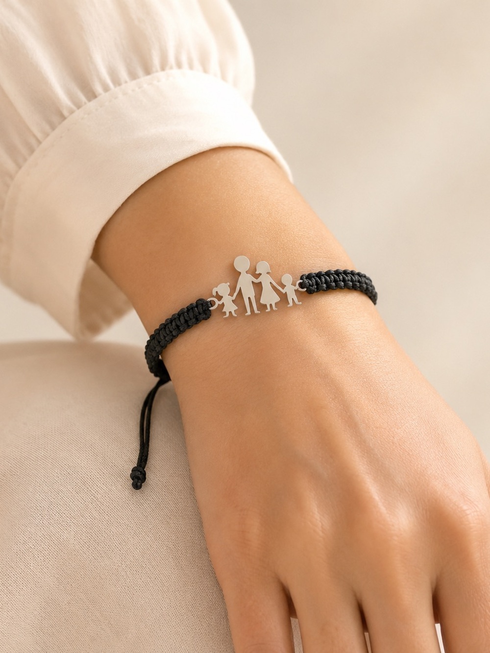 Black Cord Family Silhouette Bracelet with Silver Charm adjustable